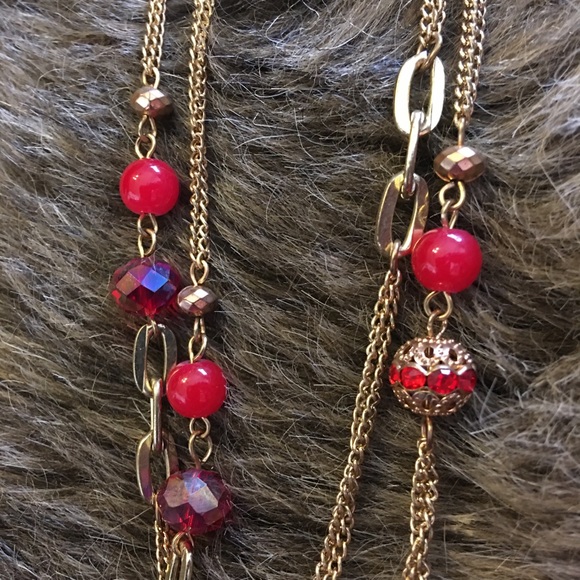 Vintage layered chain red sparkle bead necklace - Picture 6 of 7